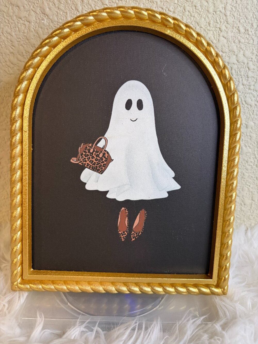 Halloween Ghost Leopard Purse Gold Arch Framed Wall Art Tabletop Decor NWT